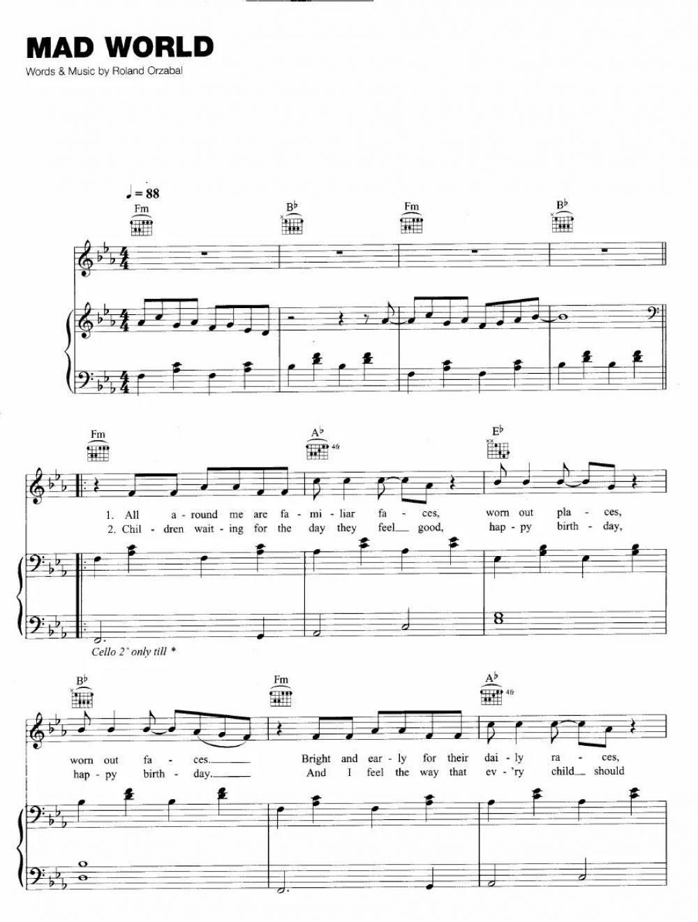 Gary Jules Mad World Sheet Music For Piano Free Pdf Download Bosspiano
